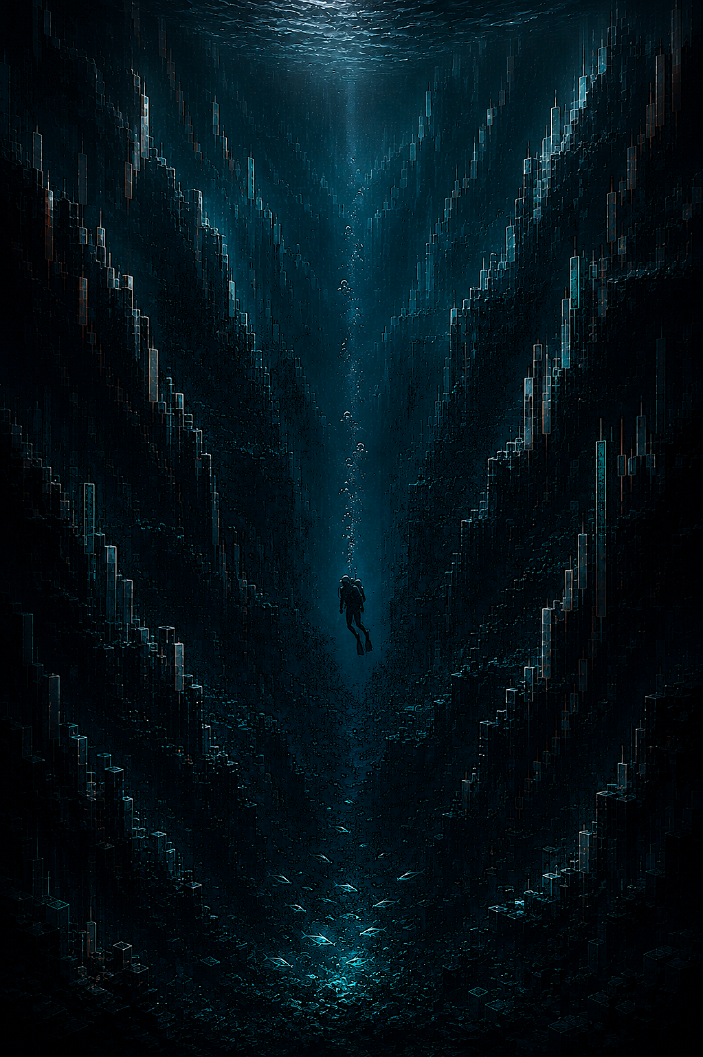 A diver descending through a dark ocean canyon shaped like stacked candlestick chart walls, with glowing fish gathered at the depths